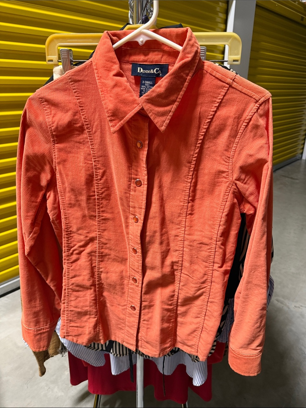 Denim&Co Coral-Orange Snap Front Corduroy Shirt